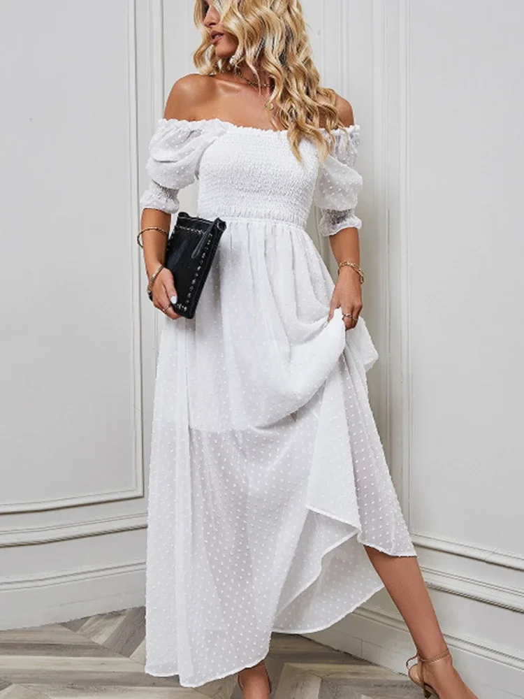

Spring Summer 2023 New One-shoulder Jacquard Off-the-shoulder Balloon Sleeve Fairy Dress White Wedding Dresses for Women