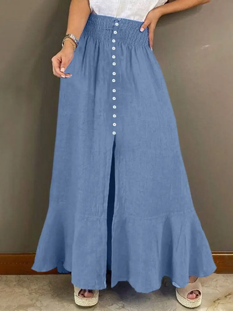 

ZANZEA Fashion Denim Blue Skirts Women's Elegant Ruffle Mujer Faldas 2022 Summer Holiday Maxi Jupe Femme Casual Slit Skirt Saias