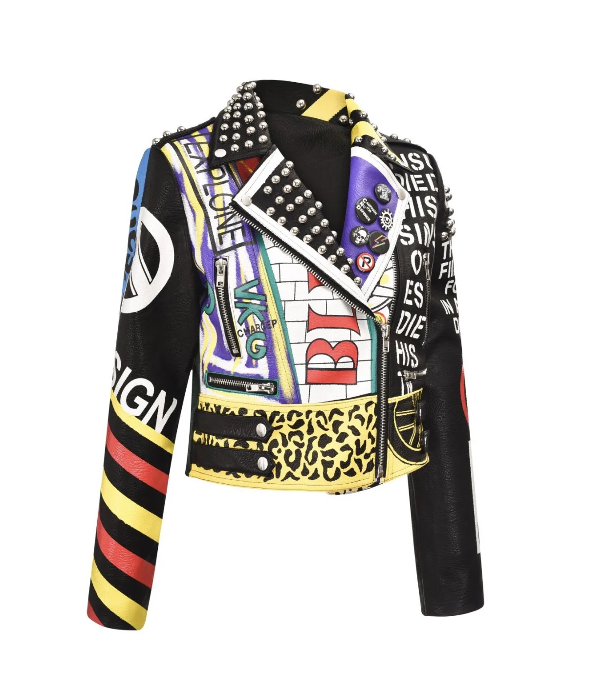 Women's autumn and winter new street EB rock punk personality girl pattern graffiti print rivet short leather jacket spot