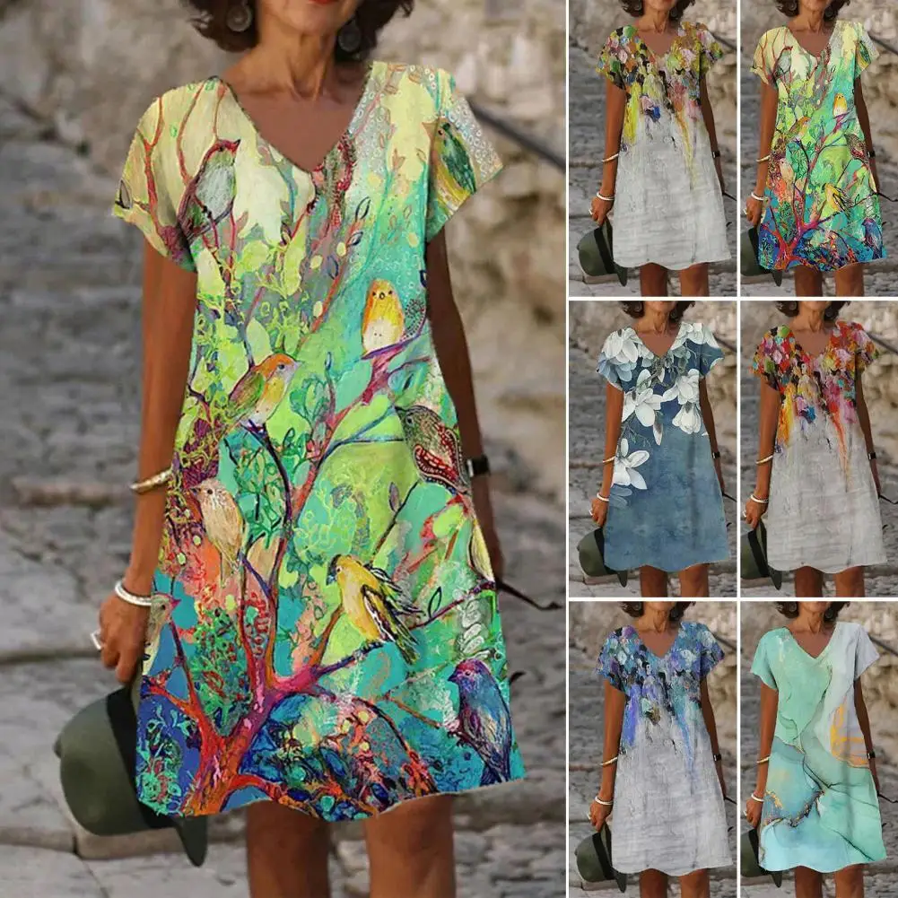 

Baggy Beautiful Flower Print Summer Dress Breathable Ladies Dress Pullover for Vacation