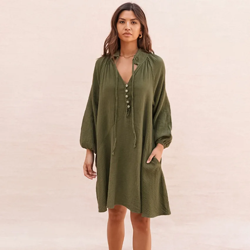 

New Dresses Woman Clothes Cotton Linen Loose Sleepwear Autumn Casual Night Dress Solid Pajamas Buttons Nightgown Women 2023