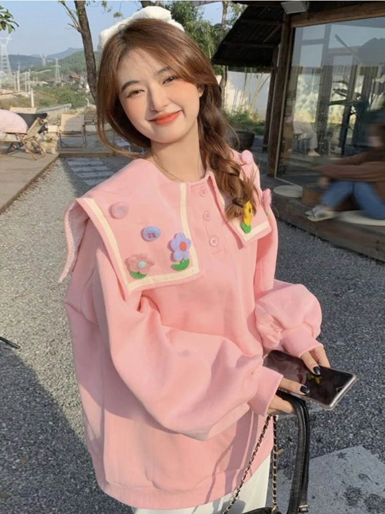 Deeptown Korean Fashion Pink Hoodies Women Harajuku Kawaii Floral Patchwork Sweatshirt Sweet Girl Plus Size Casual Pullover Tops