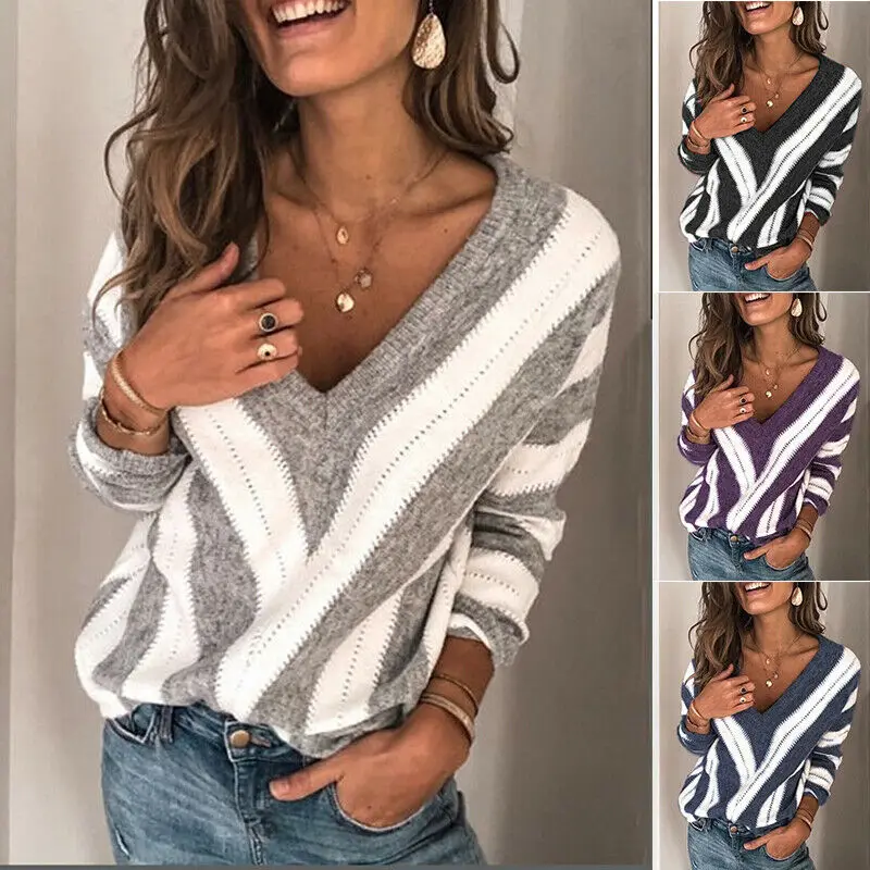 

Women Striped Sweater Autumn Casual Long Sleeve V-neck Pullover Tops Female Vintage Knitwear Jumpers Plus Size Knitted Sweater