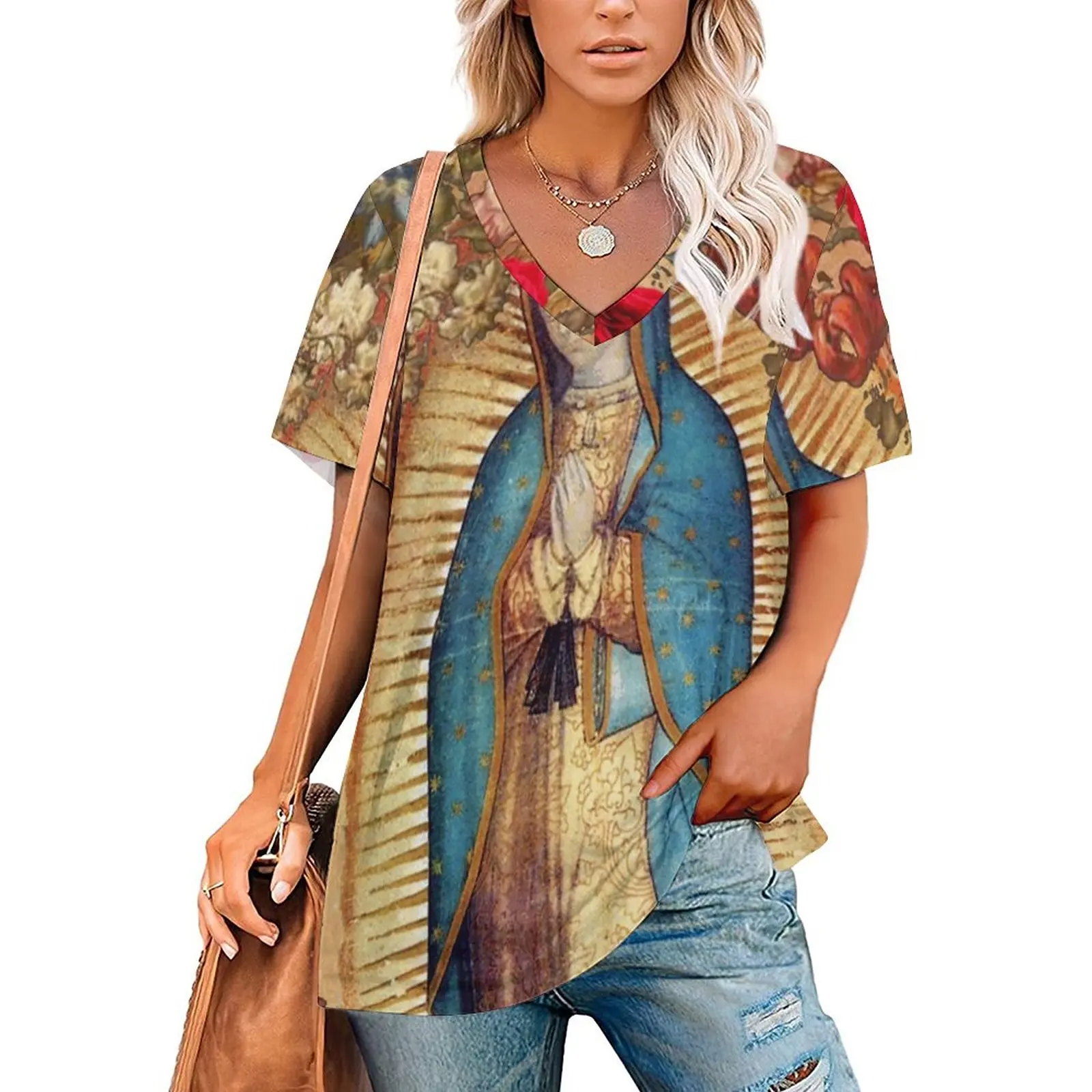 Женская футболка с круглым вырезом модный постер изображением Богородицы Девы