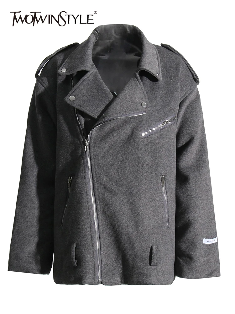 

Женская уличная одежда TWOTWINSTYLE, осенне-зимнее пальто с отворотом и длинным рукавом, однотонное пальто на молнии, новинка 2022