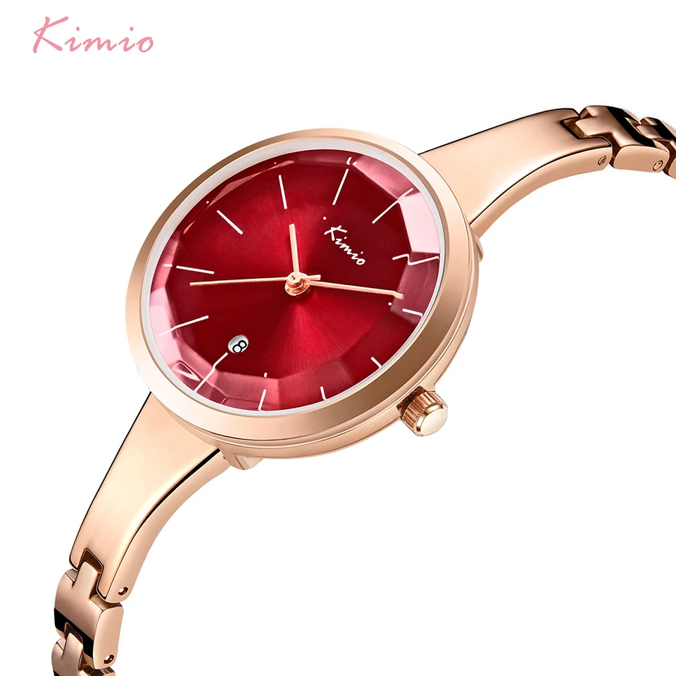 NO.2-144  Women Red Big Dial Waterproof Dress Watches Simple Ladies Rose Gold Color Stainless Steel Bracelet Watch With Calendar