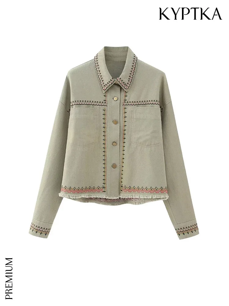 

KYPTKA Women Fashion With Pockets Embroidery Oversized Jacket Coat Vintage Long Sleeve Frayed Hem Female Outerwear Chic Tops