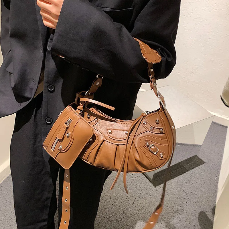 

2Pcs/set Women's Crossbody Bag Rivets Design Half Moon PU Leather Purses and Handbag 2022 Punk Style Vintage Female Shoulder Bag