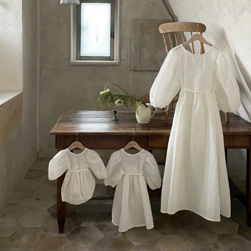 

Long Sleeve White Mother And Daughter Long Dresses First Birthday Baby Romper Family Matching Outfits Christening Gowns Baptism
