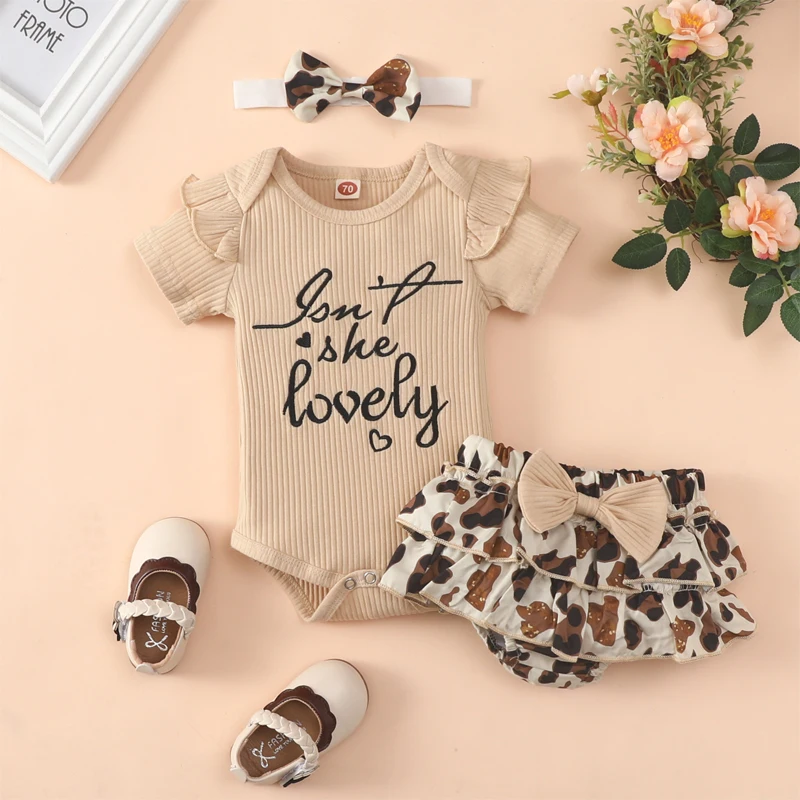 Summer Newborn Baby Girl Clothes Short Sleeve Bow Leopard Print Suit 3-12 Months