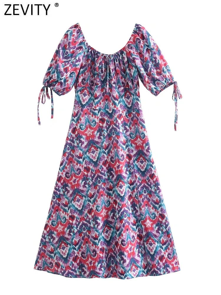 

ZEVITY Women Fashion Ink Floral Pirnt Pleat Split Midi Dress Female Chic Lace Up Short Sleeve Side Zipper Vestidos DS9361