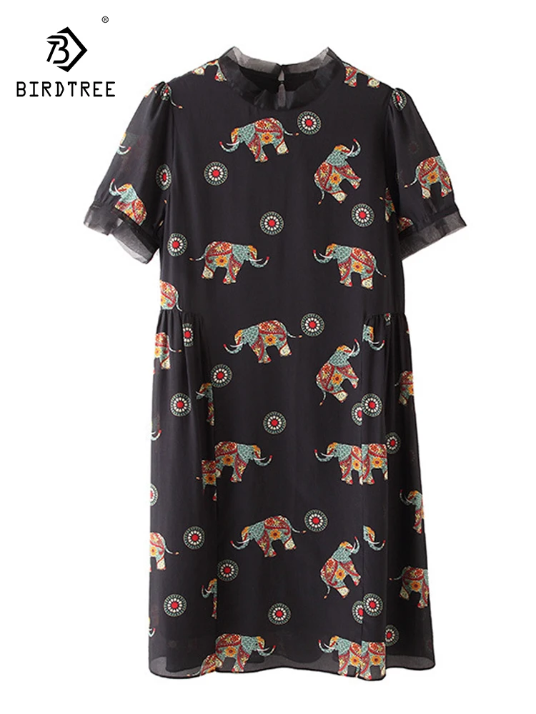 Birdtree 100%Silk Crepe Woman Dress Short Sleeves O neck A-Line Animal Print Mini Dresses 2023 Spring Summer Dress D36041QC