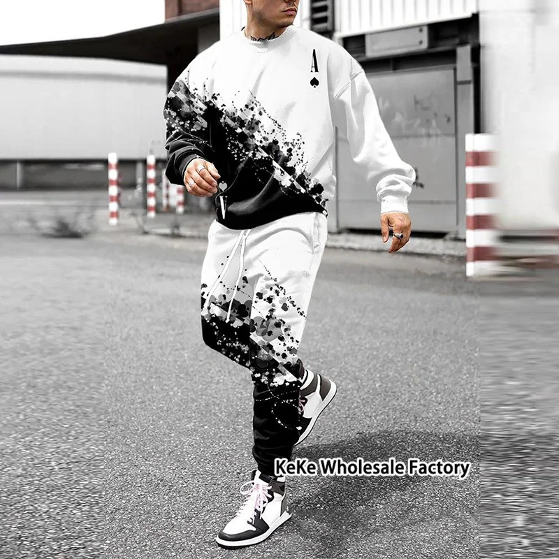 New Fashion Men's 2-Piece Tracksuits Design Style Streetwear Lattice Printed Set Long Sleeve Suit Summer Casual Trousers Outfits