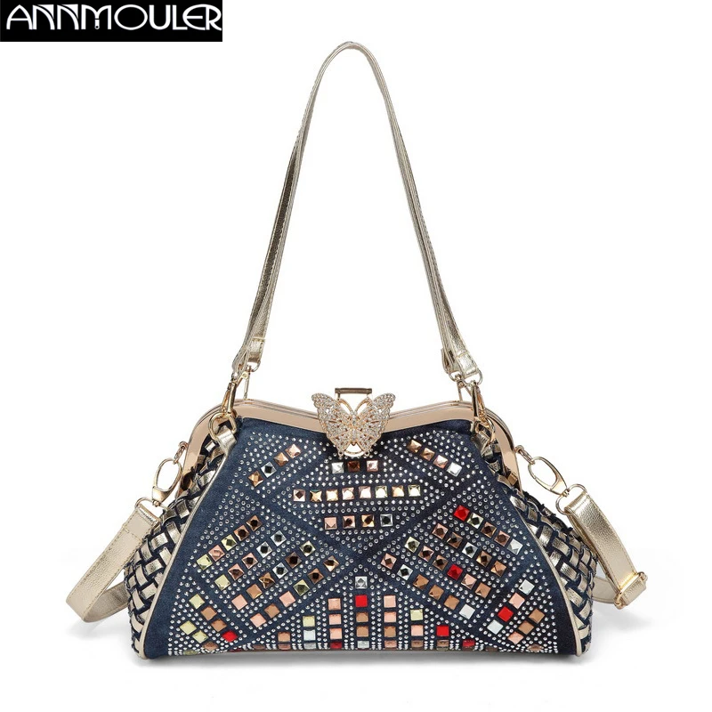 

Annmouler модная сумка для женщин брендовая дизайнерская сумка на плечо джинсовая Стразы кожаный кошелек sac a main femme качественная сумка