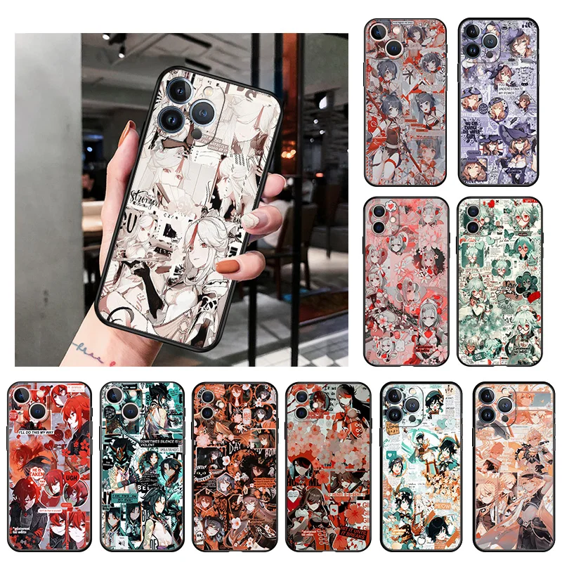 

Camera Protection Silicone Phone Case for iphone 14 13 11 12 Pro XS Max Mini XR SE 8 7 14 Plus X Genshin Impact Soft Black Cover