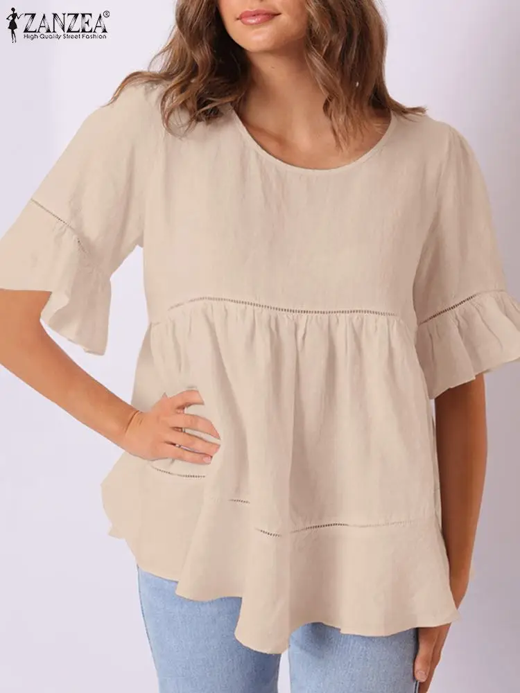 

Модная Повседневная рубашка ZANZEA, женские топы с оборками на подоле, летняя однотонная блузка с коротким рукавом, женские праздничные повседневные пляжные свободные блузки