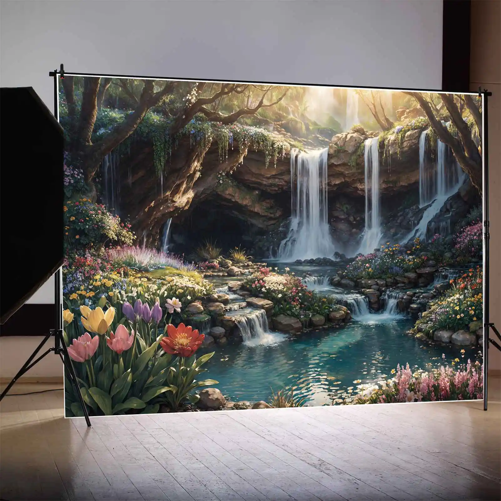 

Mountain Waterfall Party Photography Backdrops Decor Spring Flowers Garden Park Scene Custom Children Backgrounds Studio Props