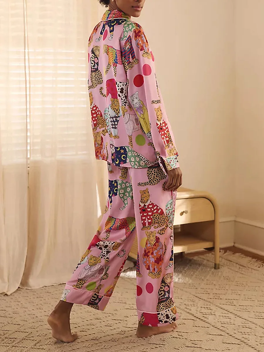 Женский пижамный комплект уютный осенний топ с принтом гепарда воротником