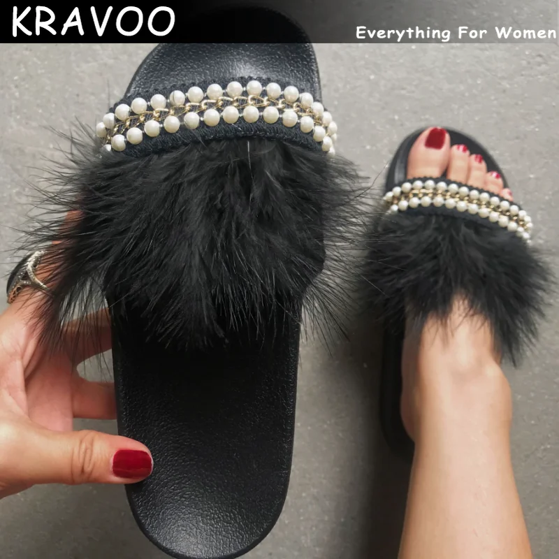 

KRAVOO INS Shoes For Women Big Size Sandals Women Flat Women's Slippers Pearl Feather Sandals Women 2023 New Shoes Summer