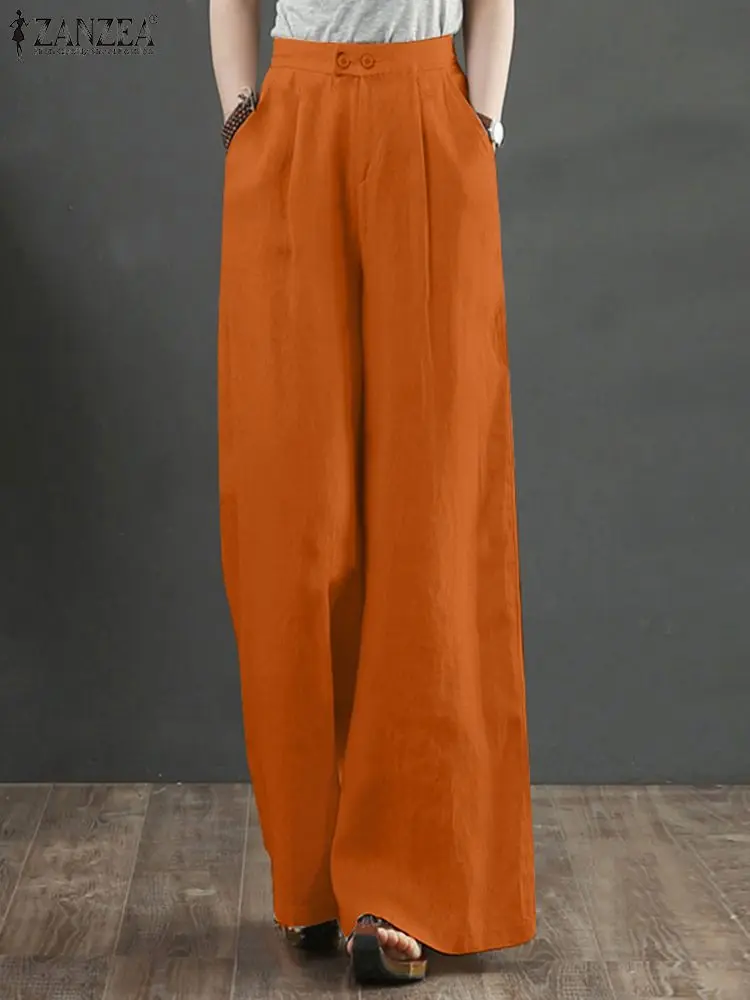 

Элегантные офисные длинные брюки с высокой талией ZANZEA, женские офисные осенние модные однотонные хлопковые мешковатые брюки палаццо 2022 бол...