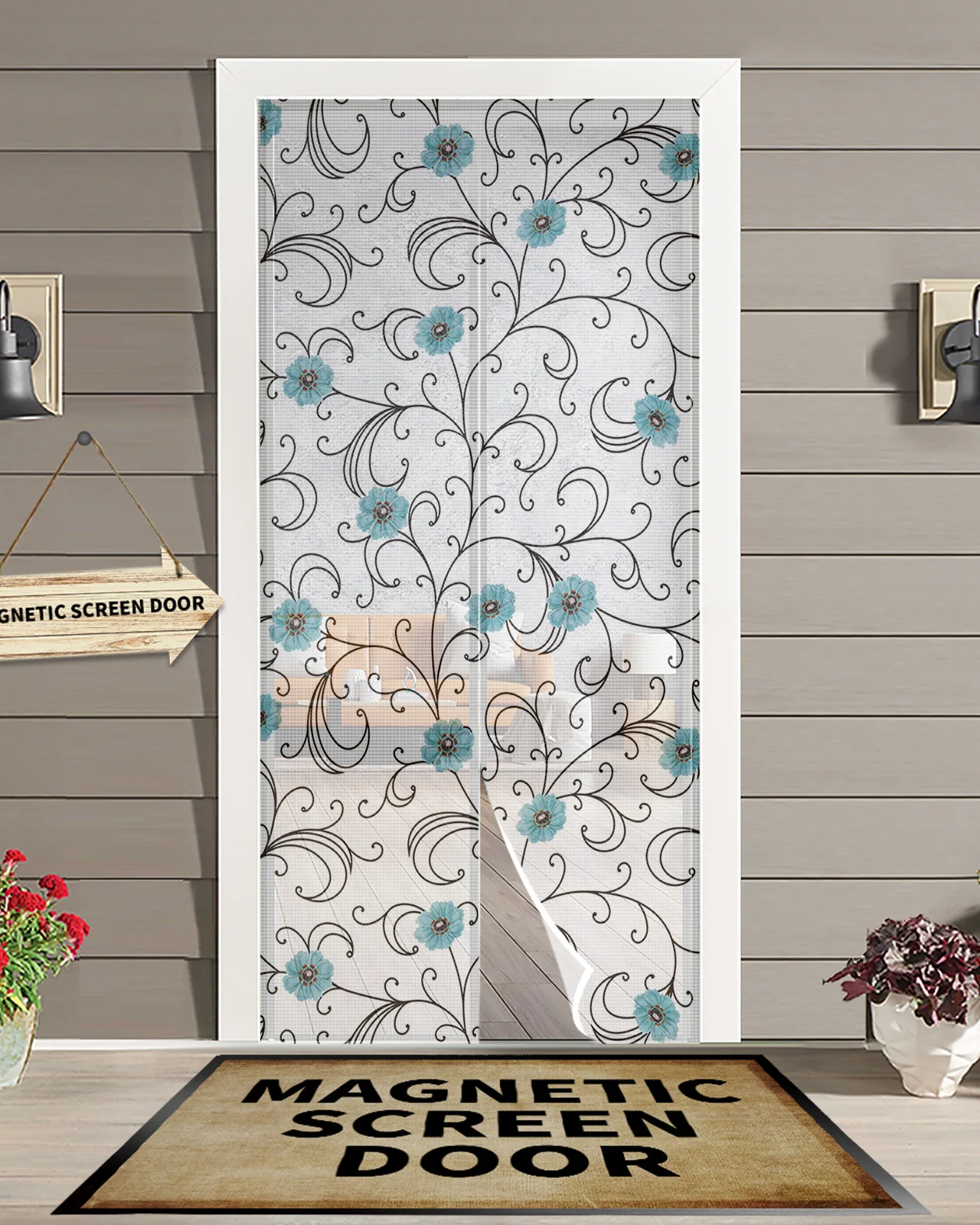 

Blue Floral Pattern Magnetic Door Curtain Living Room Bedroom Home Anti-mosquito Screen Door Curtain