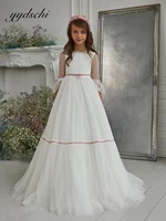 elegant white a line floor length flower girl dresses for weddings with pink bow birthday party first holy communion dressees