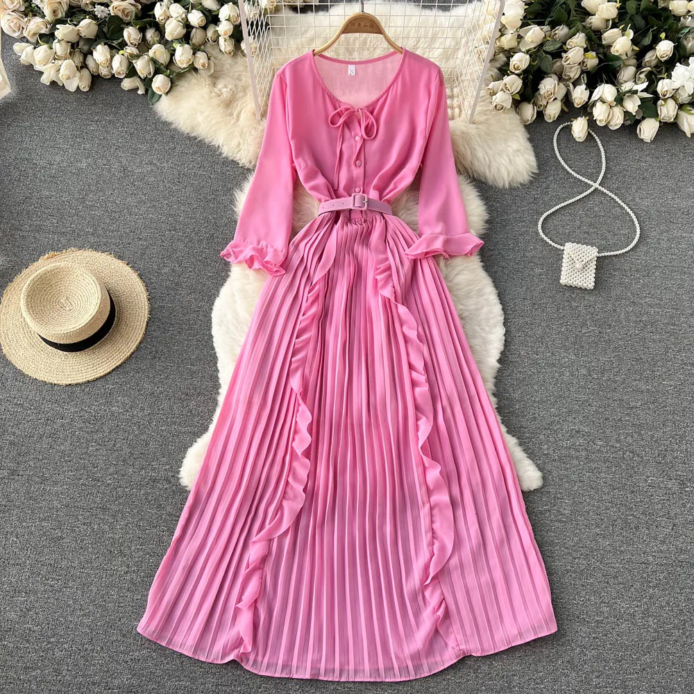 

Women Cute Pleated Midi Maxi Dress For Woman Ladies Girl Fashion 2022 Party Cocktail Slim Casual Evening Night A-Line Belt Dress