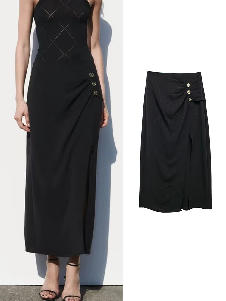 

RDMQ 2023 Women Solid Mid-Calf Skirts Summer Fashion High Waist Side Split Skirt Dress Female Vintage Straght Skirts