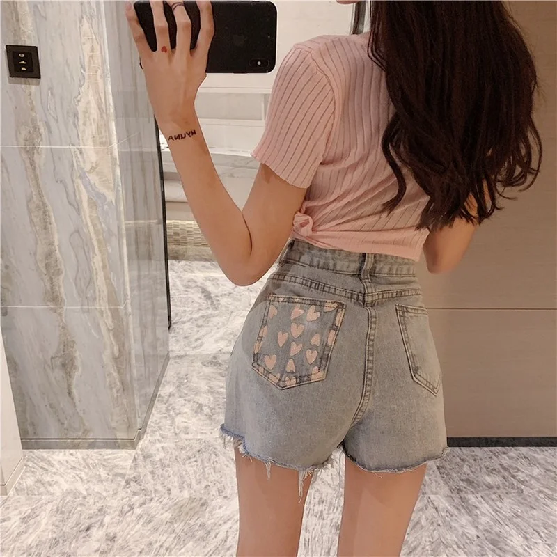 2021 Female Fashion Pocket Irregular Jeans Shorts Womens Korean Cute Tassel High Waist Shorts Loving Heart Printed Denim Shorts