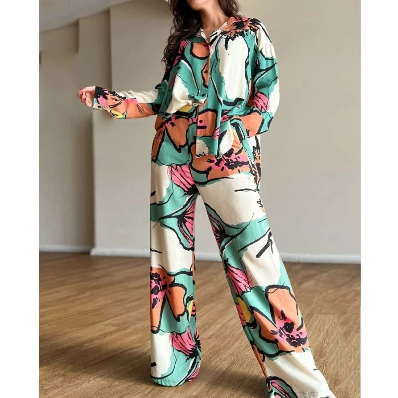 

2023New Style Women's Spring Oversized Printed Commuter Shirt High Waist Wide Leg Pants Set