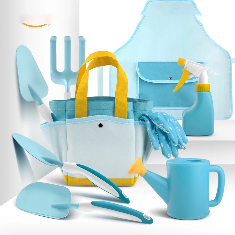 

9 Pack Kids Gardening Tool Set Shovel Rake Fork Trowel Apron Gloves Watering Can and Tote Bag Outdoor Toys Gift for Boys Girls