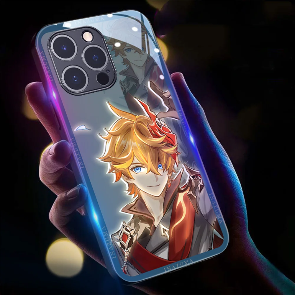 Фото Крутой чехол для iPhone Air 17 16 15 14 13 12 11 Pro Max Plus с мультяшным рисунком Genshin, умной LED-подсветкой и закаленным стеклом №1