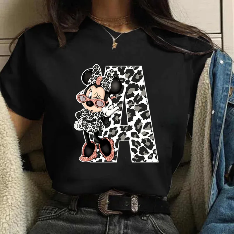 Fashion Women T Shirt Disney Minnie Print Casual Tops Custom Name Letter Combination Font A B C D E O Female Black Tee Shirt