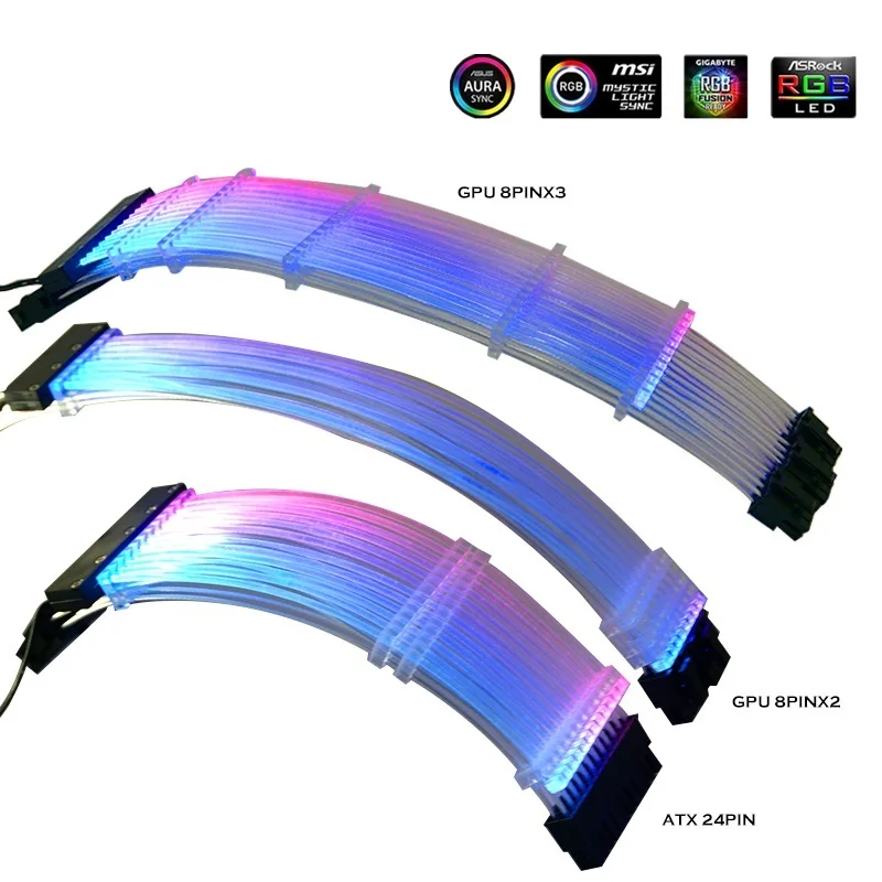 

Удлинительный кабель PSU RGB, ATX 24Pin GPU 8Pin Triple Streamer PCI-E 6 + 2P Dual Rainbow Cord 5V Sync, украшение для чехла ПК