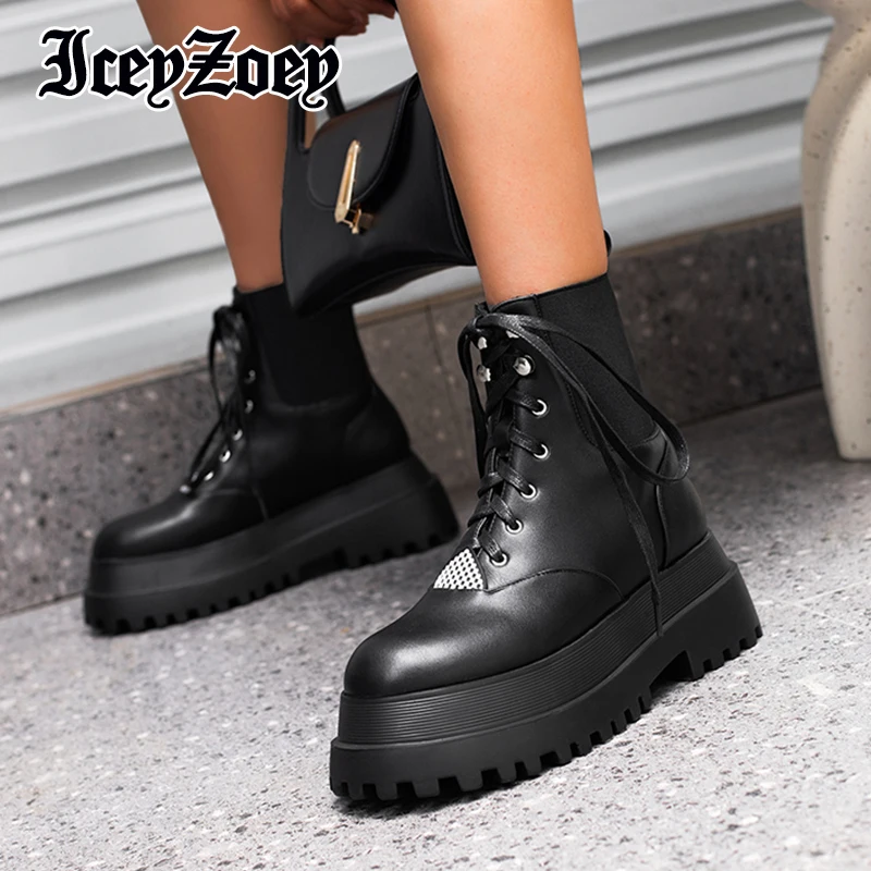 

IceyZoey Women Boots Thick Soled Ankle Boots Lace-Up Motorcycle Boots Solid Short Boots Winter Women Shoes Footwear Size 35-44
