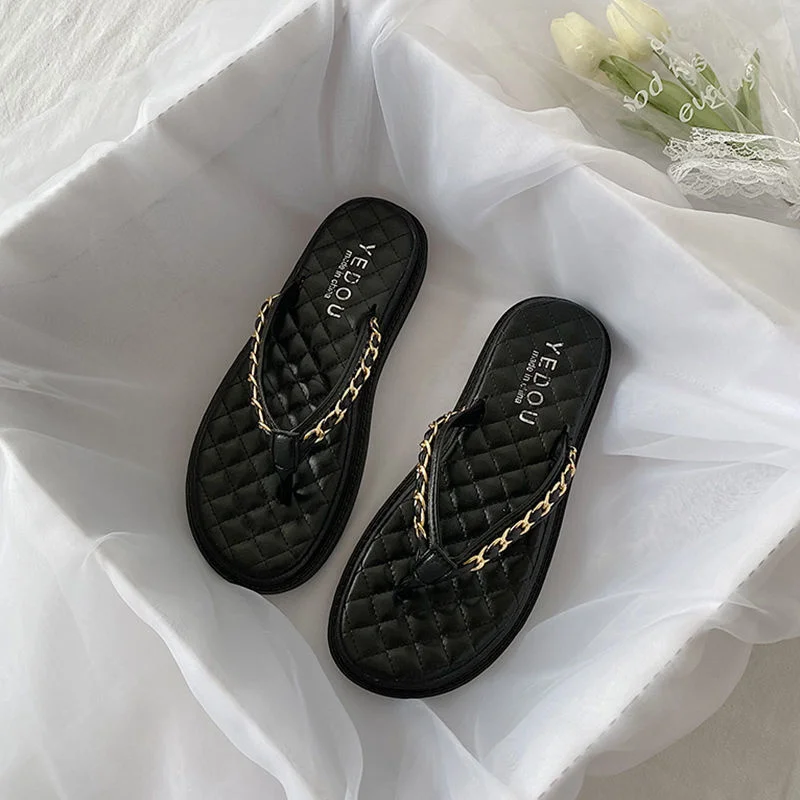Summer Thick Bottom Slippers Fashion Open Toe Solid Color Flip Flops Women's Metal Chain Outdoor Casual Shoes Fashion Sandals