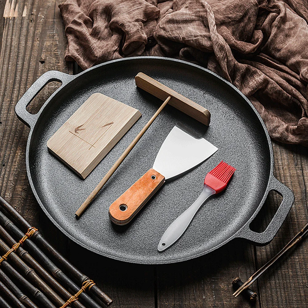 Чугунная антипригарная сковорода для блинов пиццы круглая и с двумя ручками