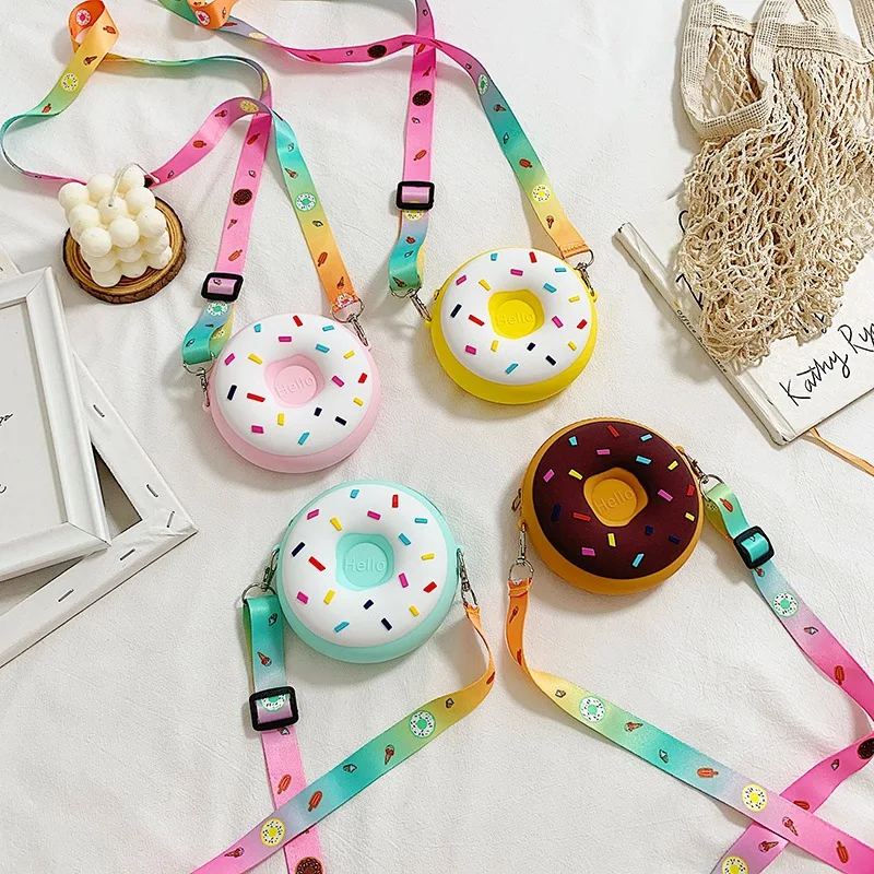 

Mini Lovely Donut Round Crossbody Coin Bag Children Shoulder Bag Silicone Adjustable Strap Travel Pouch Handbag
