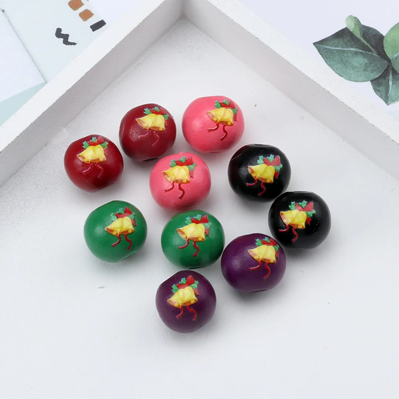 

New 20Pcs/Pack 16mm Christmas Bells Hemu Printing Round Wooden Beads Decorations for Xmas New Year Santa Claus Party Celebrate