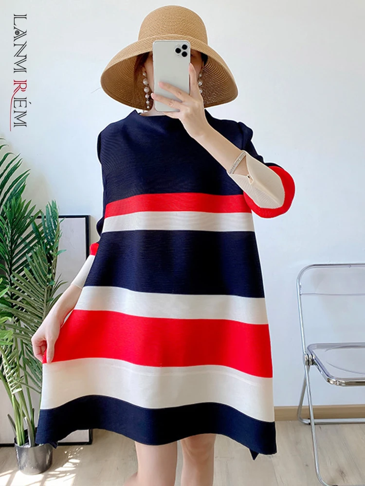 

LANMREM 2022 New Summer Striped Color Block Dress Women Round Neck Three Quarter Sleeves Loose Dresses Fashion Clothing 2R1954