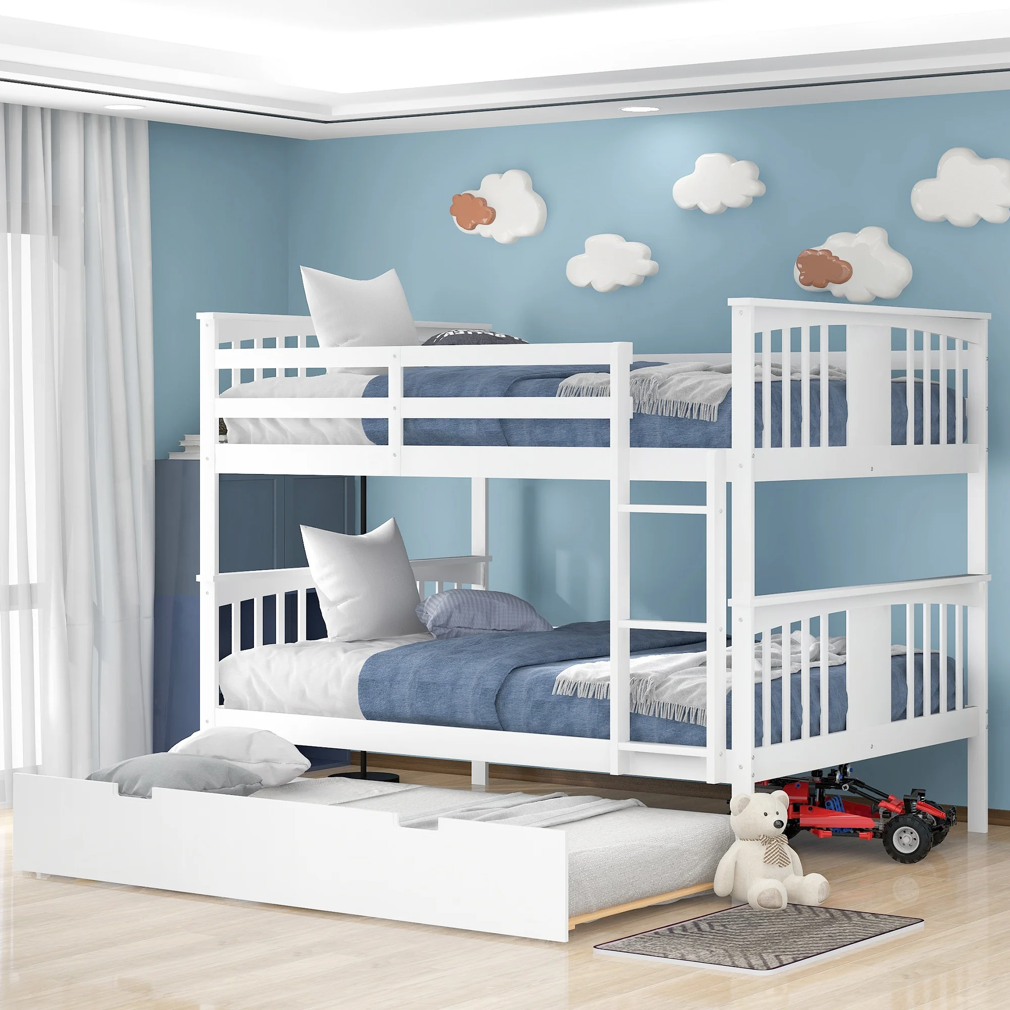 

Home Modern Minimalist Wooden Bedroom Furniture Bed Frames Bases Full Over Full Bunk Bed With Twin Size Trundle And Ladder White