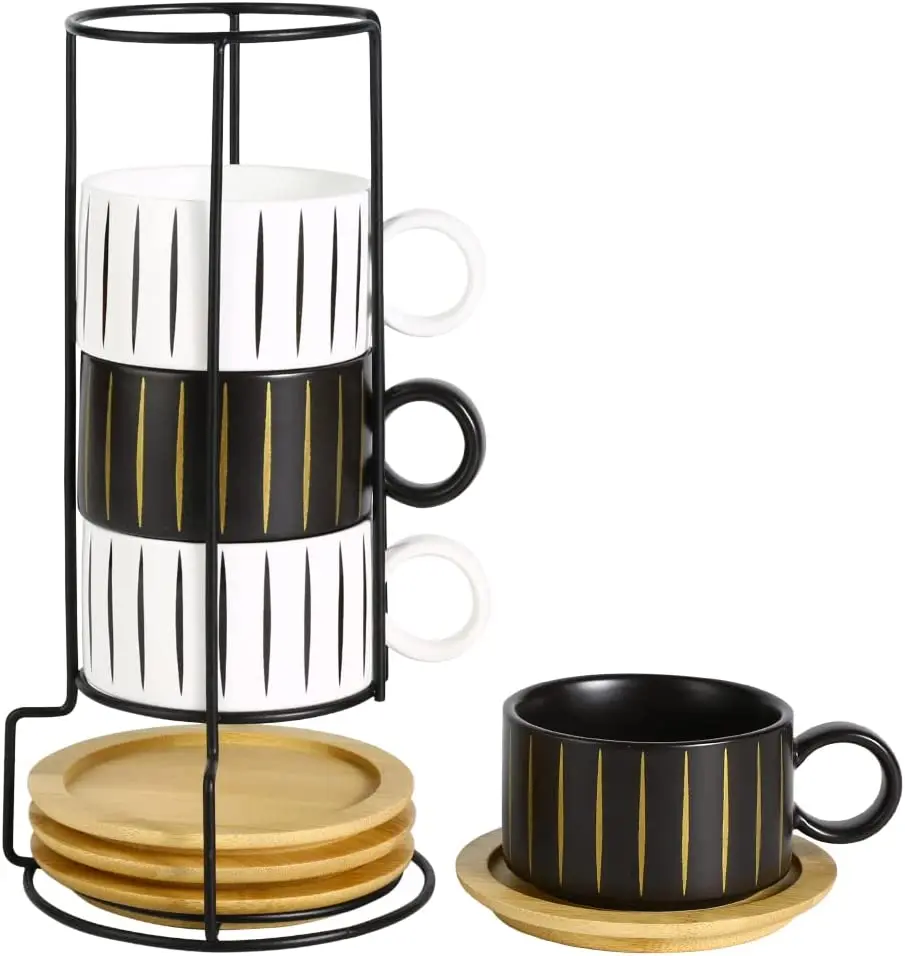 

Porcelain Espresso Cup with Saucer and Metal Stand FORDRINK 6 Ounce Stackable Ceramic Espresso Mug Cappuccino Cups Set for Latte