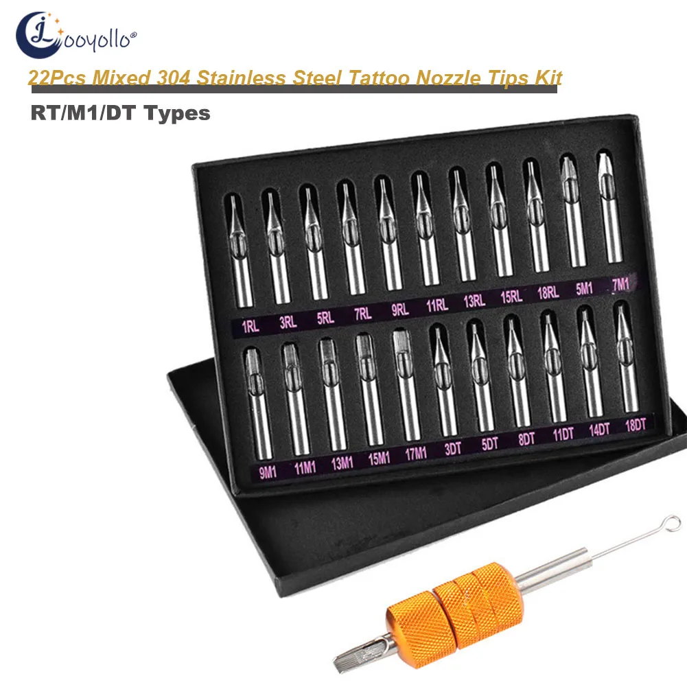 

22PCS Mixed Stainless Steel Nozzle Tips Tubes Set Kit Box Round Flat Tattoo Tips Mixed For Tattoo Needles Machine Grip Supply