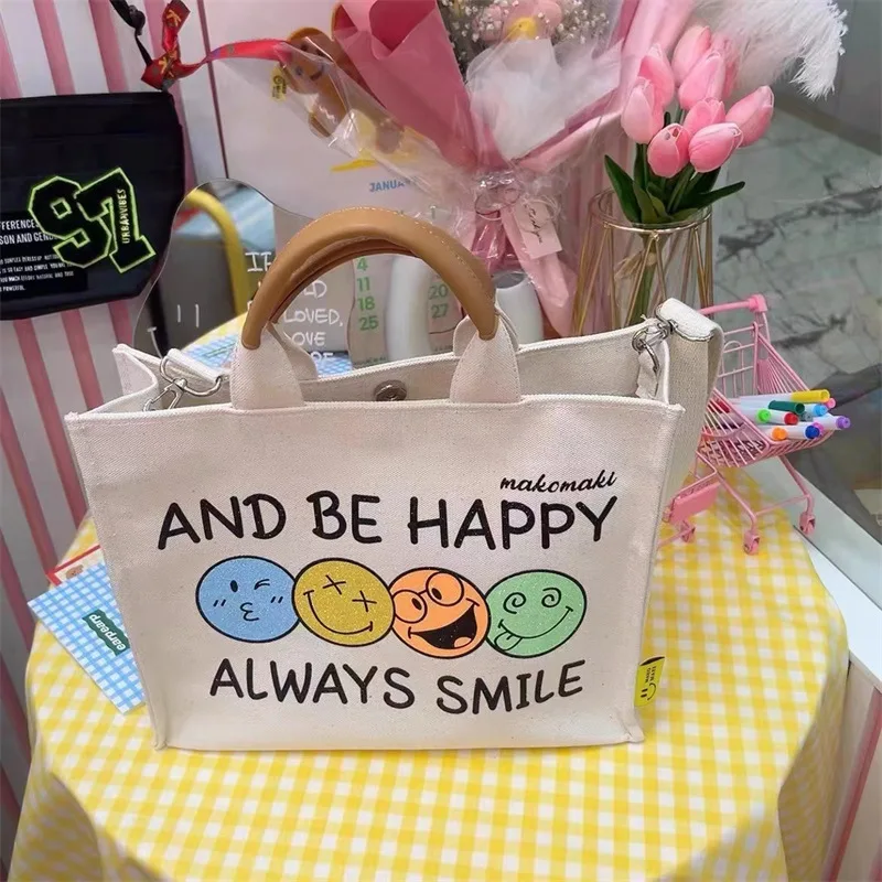 

Cute Smiling Face Print Canvas Tote Bag Causal Letters Shoulder Messenger for Girl Student Books Sopper Bag Thick Cloth Handbag