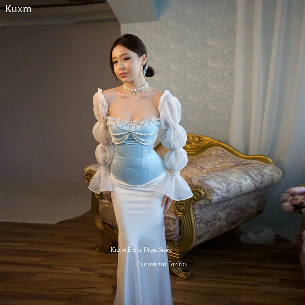 Фото Вечернее платье-русалка Kuxm без бретелек со съемными рукавами-фонариками, нарядное платье для вечеринки, с жемчугом, без спинки, Vestido Novia, на заказ №1