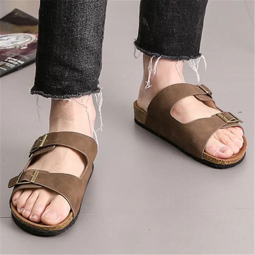 

2022 New Summer Men Cork Slipper Casual Beach Double Buckle Shoes Male Non-Slip Outside Nubuck Leather Slip On Slides Size 38-44