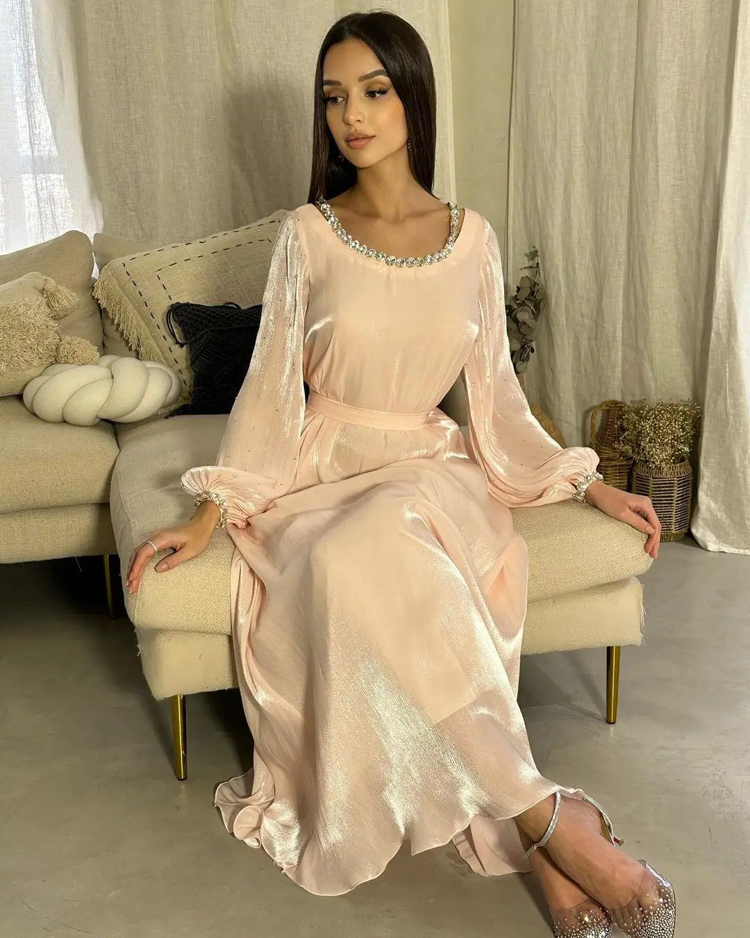 

FDY Store Pink Long Sleeves Prom Dresses فساتين مناسبة رسمية O-Neck Crystals Dubai Women Evening Gowns Party Dress