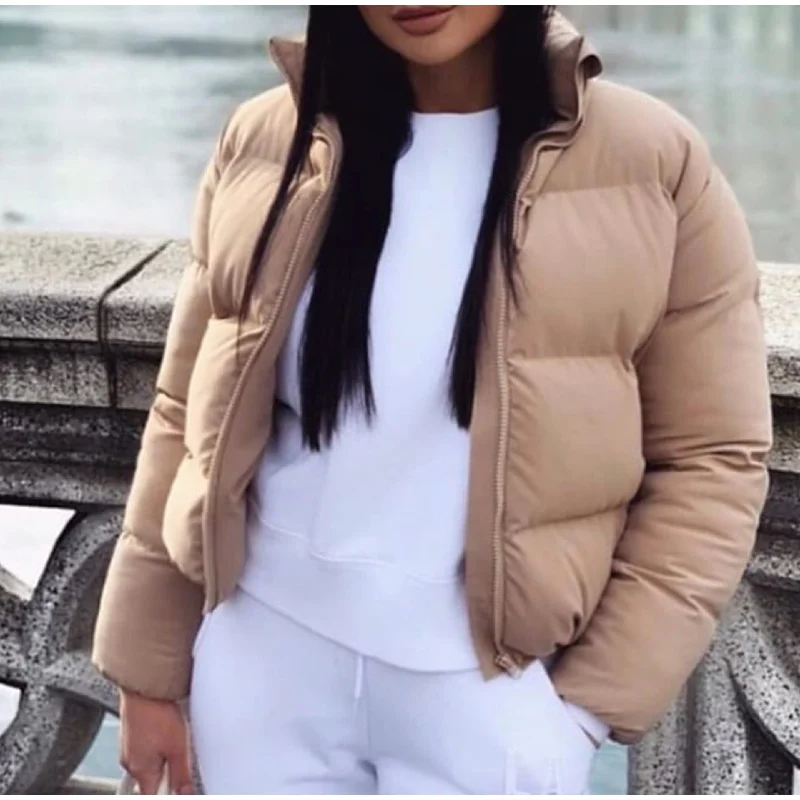 Women Winter Cotton Padded 2023 Fashion Puffer Jackets Thicken Short Parkas Coats Solid Stand Collar Warm Female Casual Overcoat