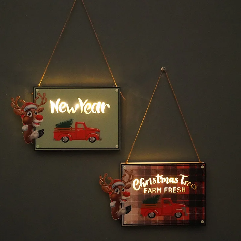 

Christmas LED Door Plate Wooden Hanging Plaque Farmhouse Decor Santa Claus Elk Plaque Board Light Up Xmas Pendant for Front Door