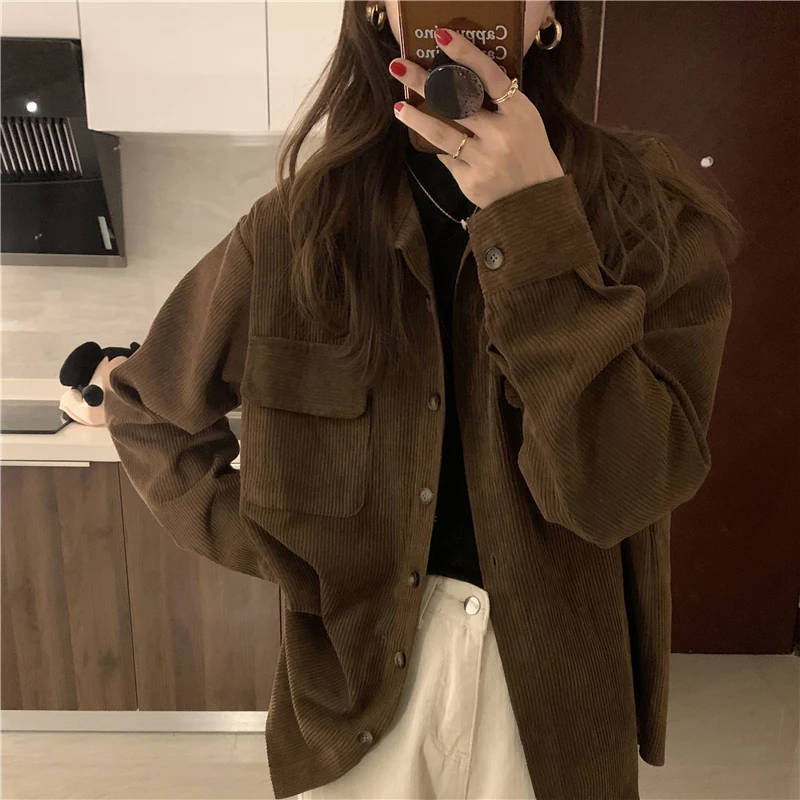 

Autumn Winter Loose Corduroy Shirt Women Turn Down Collar Single Breasted Casual Long-sleeve Outerwear Vintage Cardigans